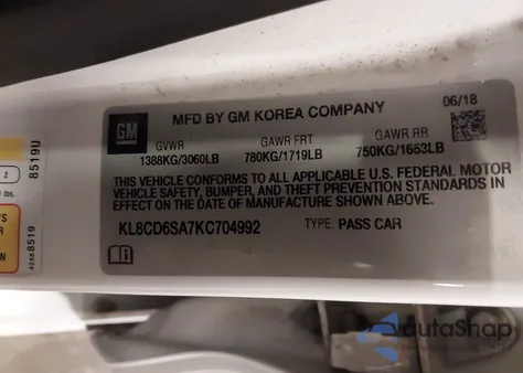 2019 Chevrolet Spark 1Lt Cvt из США, поврежденный, VIN KL8CD6SA7KC704992